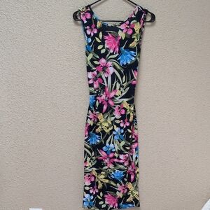 Vibrant Floral Midi Dress - Black, Pink, Blue